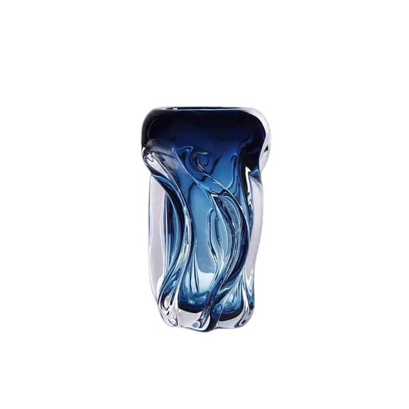 Handmade Blue Ombre Glass Vase Curved Wave Art Deco Vessel for Table Centerpiece