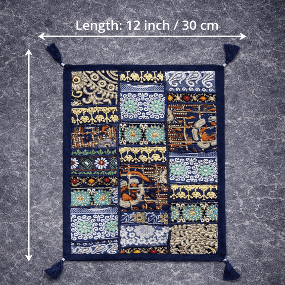 Handmade Blue Patchwork Table Runner with Vintage Embroidered Fabrics, Bohemian Dining Table Decor, Artisan Textile Home Accent with Tassels