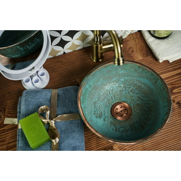 Handmade Blue Patina Copper Sink for Kitchen & Bathroom | Eco-Friendly, Pure Copper Vessel with Drain Cap