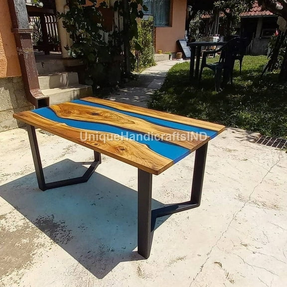 Handmade Blue Resin River Epoxy Coffee Table Top Indoor Outdoor Decor