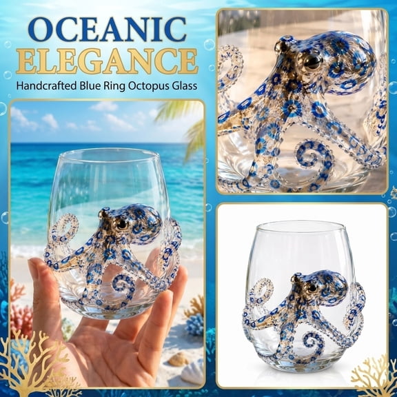Handmade Blue Ringed Octopus Glass Cup, 3D Stereo Decorated High Clear Drinking Vessel, Egg Shaped Handleless Wide Mouth Glassware For Home Display