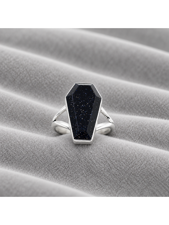 Handmade Blue Sunstone Style Coffin Ring, Tiny Statement Ring for Women, Geometric Boho Fashion Jewelry