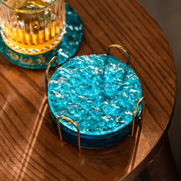 Hip & Chic Handcrafted Epoxy Coasters - Ocean Wave Design, Set of 2, 10 cm | Stylish Drink Holders for Home & Office