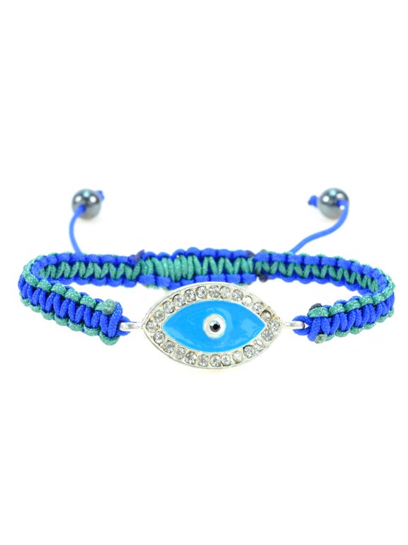 Handmade Blue and Silver Color Evil Eye Crystal Bracelet with Blue and Green String Macrame Style Adjustable Bracelet - Good for Protection - 91101