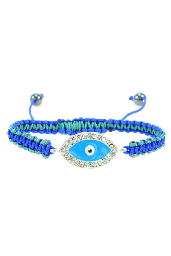 Handmade Blue and Silver Color Evil Eye Crystal Bracelet with Blue and Green String Macrame Style Adjustable Bracelet - Good for Protection - 91101