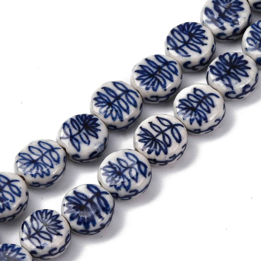 Handmade Blue and White Porcelain Beads Strands Mixed Patterns Round Prussian Blue 11~12x5~6mm Hole: 1.6mm about 32pcs/strand 14.25''(36.2cm)