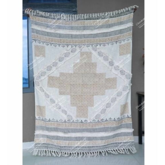 Handmade Bohemian Cotton Throw Blanket, Indian Classic Hand Loomed Block Printed Throws, Sofa Cover, BedSheet,Curtain, Home Decor