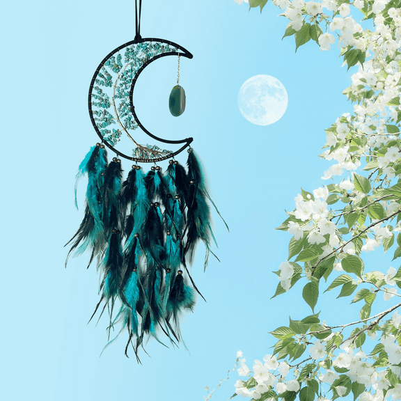 Handmade Bohemian Dreamcatcher, Green Crystal Moon & Tree of Life with Black Green Feathers, Macrame Wall Hanging for Bedroom, Garden, Outdoor Wind Chime Home Decor