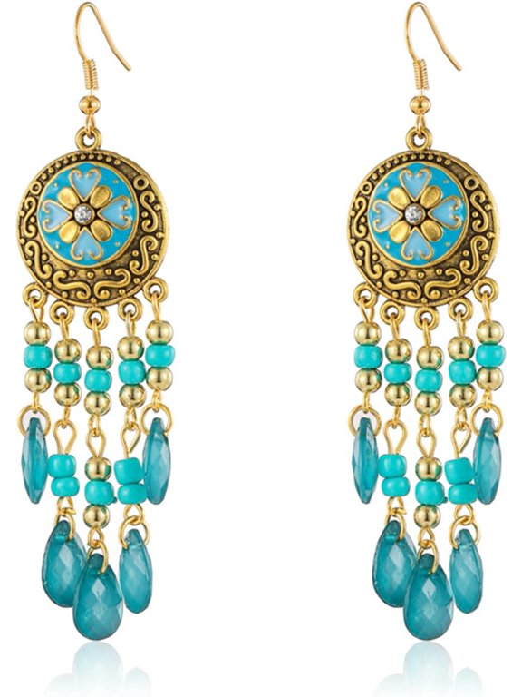 Handmade Bohemian Earrings Vintage Drop Dangle Earrings for Women Colorful Boho Flower Beaded Tassel Earrings Drop Earrings Boho Ethnic Water Drop Statement Earrings