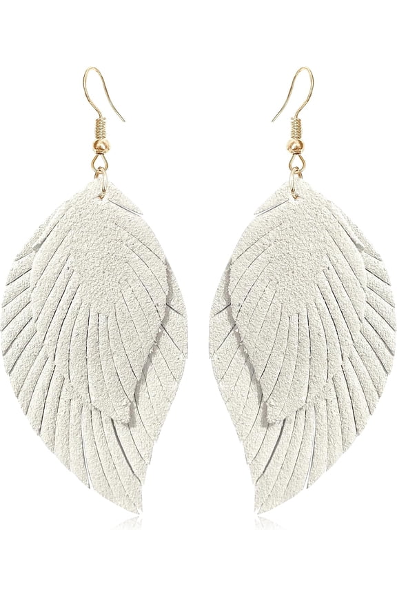Handmade Bohemian Large Soft Genuine Leather Fringe Double Feather Lightweight Color PU Leaf Drop Dangle Earrings for Women Fashion Jewelry Gifts