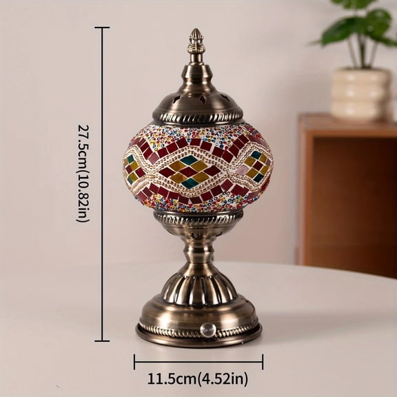 Handmade Bohemian Mosaic Glass Lampshade - USB Powered Painted Metal Lantern with Matte Blue Finish, Moroccan Style Bedside/Desktop Night Light for Bedroom, Living Room & Office Decor