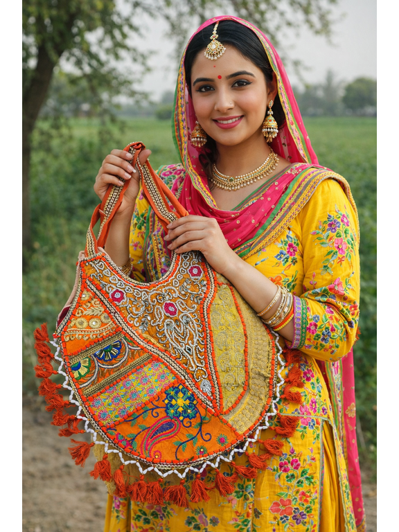 Handmade Bohemian Patchwork Shoulder Bag with Mirror Work, Embroidery, Tassels, Ethnic Boho Tote Purse for Women Festival Fashion
