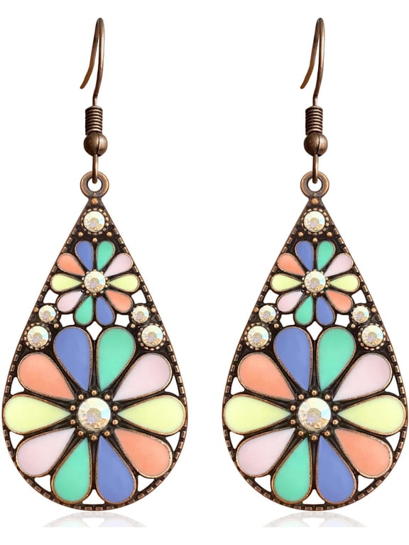 Handmade Bohemian Tribal Retro Copper Crystal Teardrop Dangle Drop Earrings National Style Geometry Colorful Enamel Flower Hook Earrings for Women