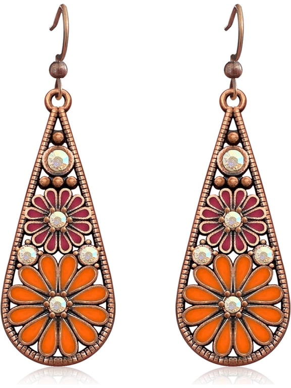 Handmade Bohemian Tribal Retro Copper Crystal Teardrop Dangle Drop Earrings National Style Geometry Colorful Enamel Flower Hook Earrings for Women