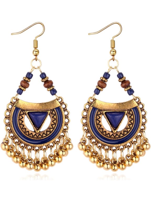 Handmade Bohemian Vintage Gold Bronze Round Flower Geometry Dangle Drop Earrings with Many Teardrop Pendant for Women