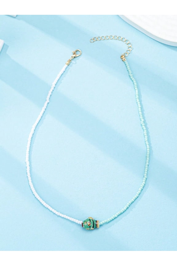 Handmade Boho Beaded Ceramic Fish Pendant Necklace In Mint White A10208-2