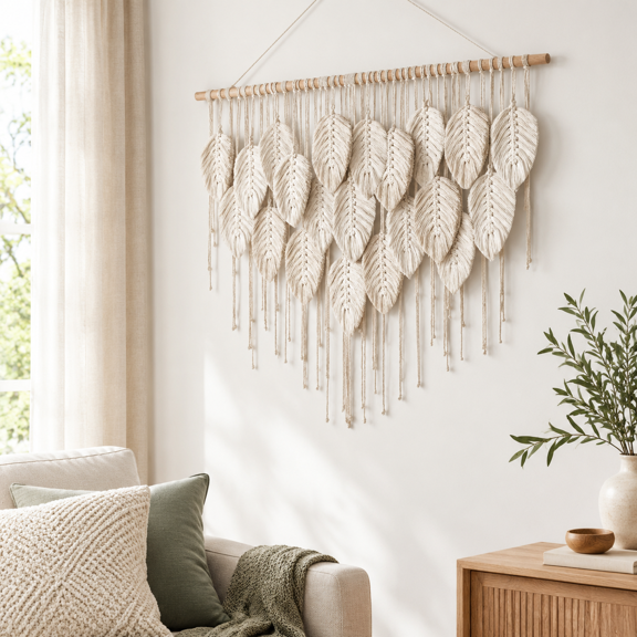 Handmade Boho Beige Leaf Macrame Tapestry, 39" W x 28.3" L, Wall Decor for Home Spaces