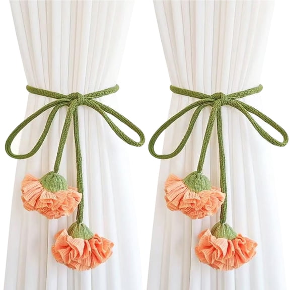 Handmade Boho Flower Curtain Tiebacks, Set of 2 Braided Rope Curtain Holdbacks with Floral Tassel, Decorative Window Treatment Tie Backs for Bedroom Living Room