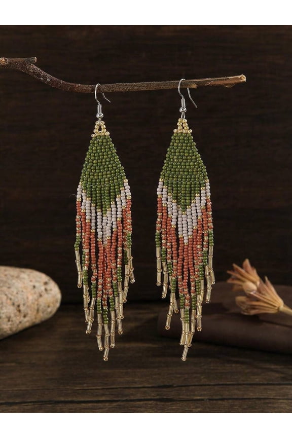 Handmade Boho Green Beaded Tassel Dangle Earrings For Women