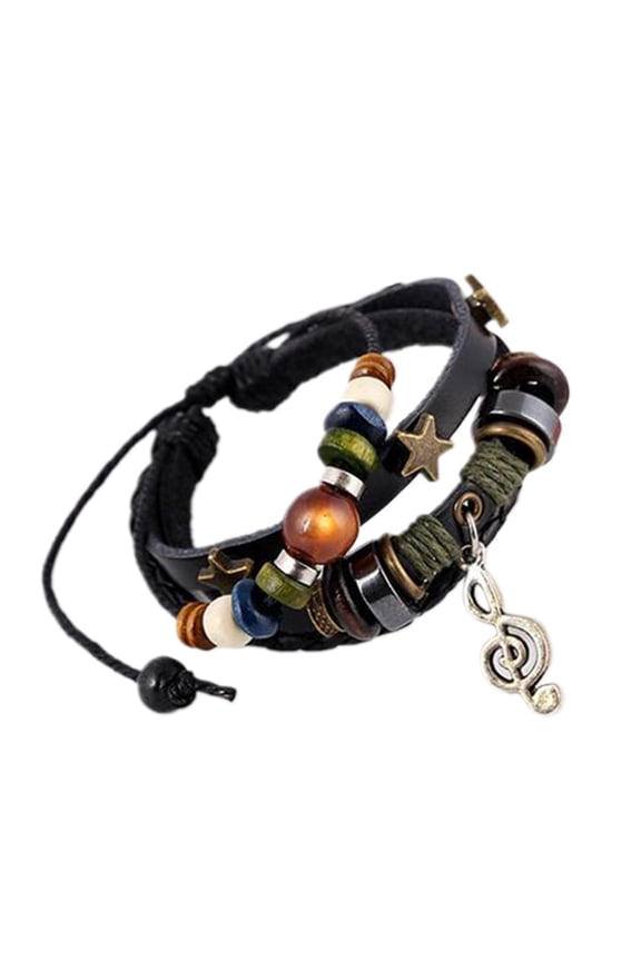 Handmade Boho Gypsy Hippie Design Brown Leather Star Note Metal Charms Wood Button Beads Wrap Unisex Adjustable Bracelet