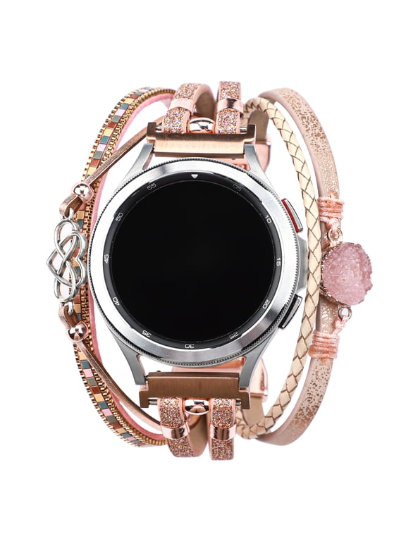 Handmade Boho Multilayer Leather Watch Band for Samsung Galaxy 20mm 22mm, Adjustable PU Leather Wrap Strap with Druzy Charm, Jewelry Bracelet for Women (Watch 7/6/5/4/Classic/Active 2)