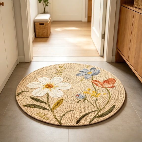 Handmade Boho Woven Round Rug, Soft Non Slip Floral Cotton Doormat, Absorbent Quick Dry Aesthetic Floor Mat for Living Room, Bedside, Nursery, Laundry