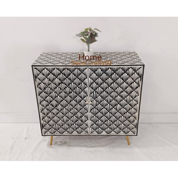 Handmade Bone Inlay Cabinet: Geometric Pattern Storage Unit