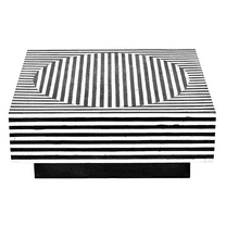 Handmade Bone Inlay Coffee Table – Geometric Op Art Square Table with Illusion Concave Round Pattern