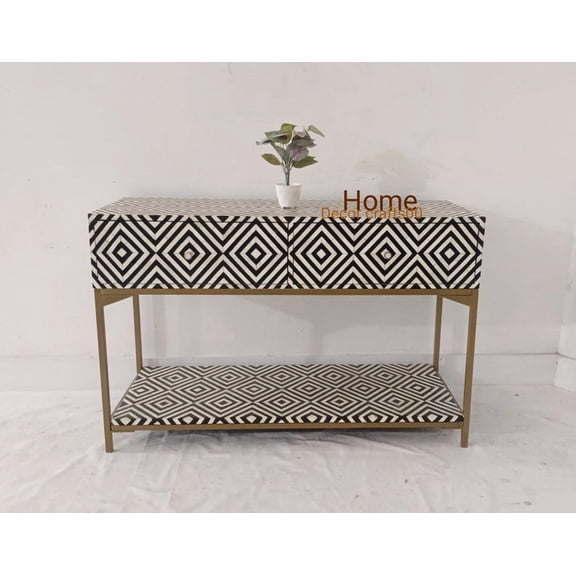 Handmade Bone Inlay Console Table: Floral 2-Drawer Living Room Furniture