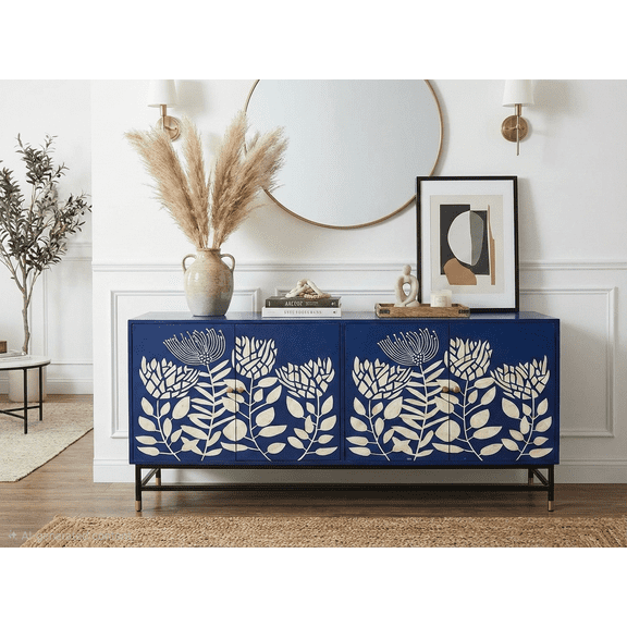 Handmade Bone Inlay Sideboard: 4-Door Cabinet & Side Table