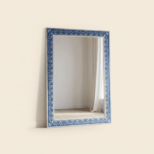 Handmade Bone Inlay Wall Mirror, Decorative Wooden Mirror Frame for Bathroom Entryway Hallway and Living Room Home Dcor- 36x24 IN, Blue