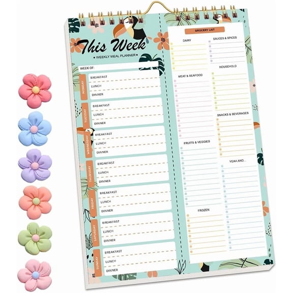 Handmade Bound Weekly Detachable Diet Plan Sheet,Weekly Meal Planner Notebook,Meal Planner and Grocery List with Strong Magnets,Notes and Schedule,Organizer Notepad for Do List(A)