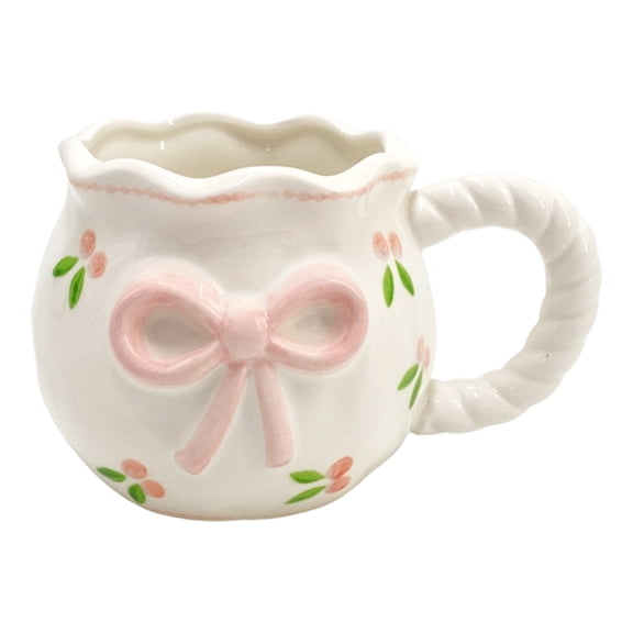 Handmade Bows Detailing Drinking Mug White Ceramic Water Cup With Bowknot Pattern Dishwasher Safe Tableware