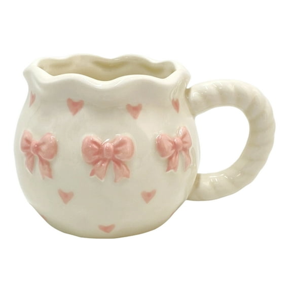Handmade Bows Detailing Drinking Mug White Ceramic Water Cup With Bowknot Pattern Dishwasher Safe Tableware
