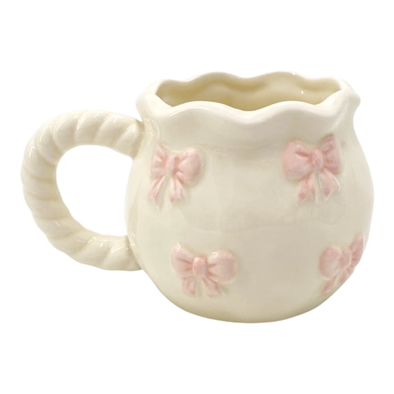 Handmade Bows Detailing Drinking Mug White Ceramic Water Cup With Bowknot Pattern Dishwasher Safe Tableware