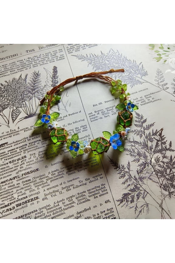 Handmade Braided Bracelet – Woven Green Bead String Bracelet, Forest Floral Design – Boho Nature Gift for Women (Little Blue Flower / Woodland Flower)