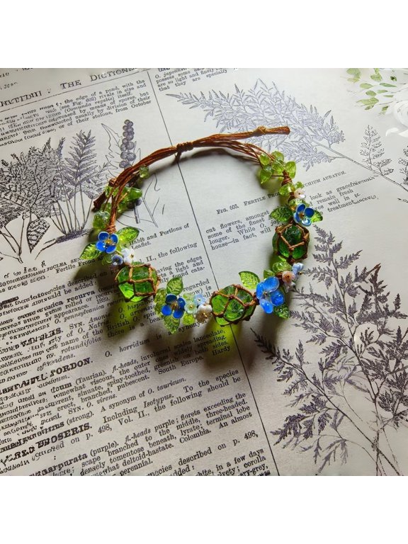 Handmade Braided Bracelet – Woven Green Bead String Bracelet, Forest Floral Design – Boho Nature Gift for Women (Little Blue Flower / Woodland Flower)