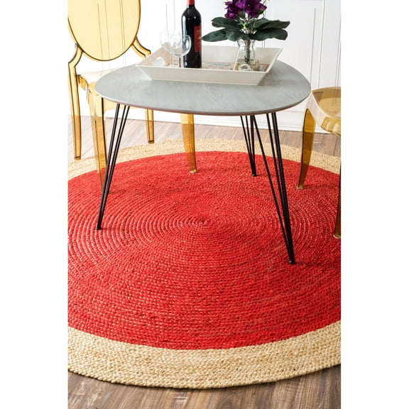 Handmade Braided Natural Jute with Inner Red Color Round Rugs Size 2 x 2 Feet Round