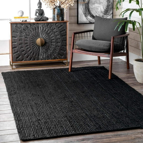Handmade Braided Natural Pure Black Jute Area Rugs ,Home Décor Rugs Size 6 x 6 Feet Square ( 180 cm x 180 cm )