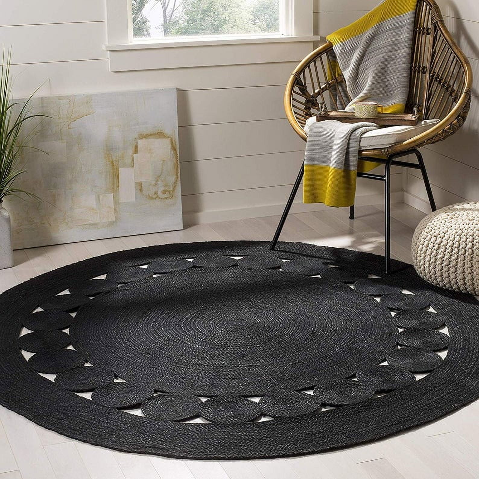 Handmade Braided Natural Pure Jute Black Color Tikki Round Rugs Size 4 x 4 Feet Round ( 120 cm x 120 cm )