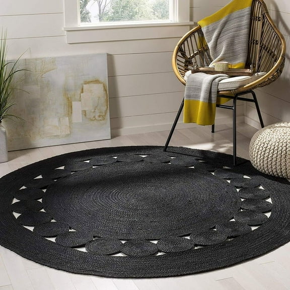 Handmade Braided Natural Pure Jute Black Color Tikki Round Rugs Size 4 x 4 Feet Round ( 120 cm x 120 cm )