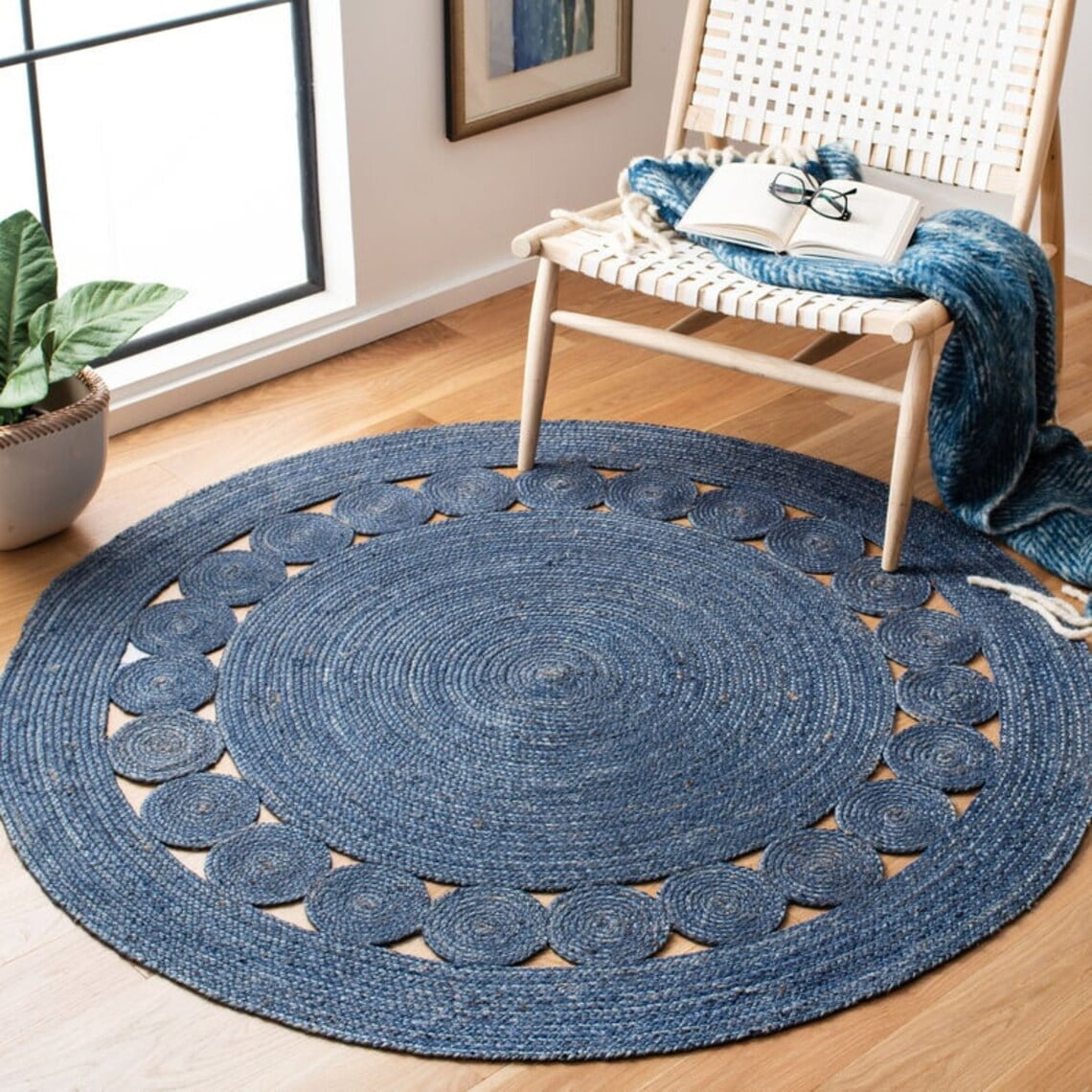 Handmade Braided Natural Pure Jute Navy Blue Color Tikki Round Rugs Size 3 x 3 Feet Round