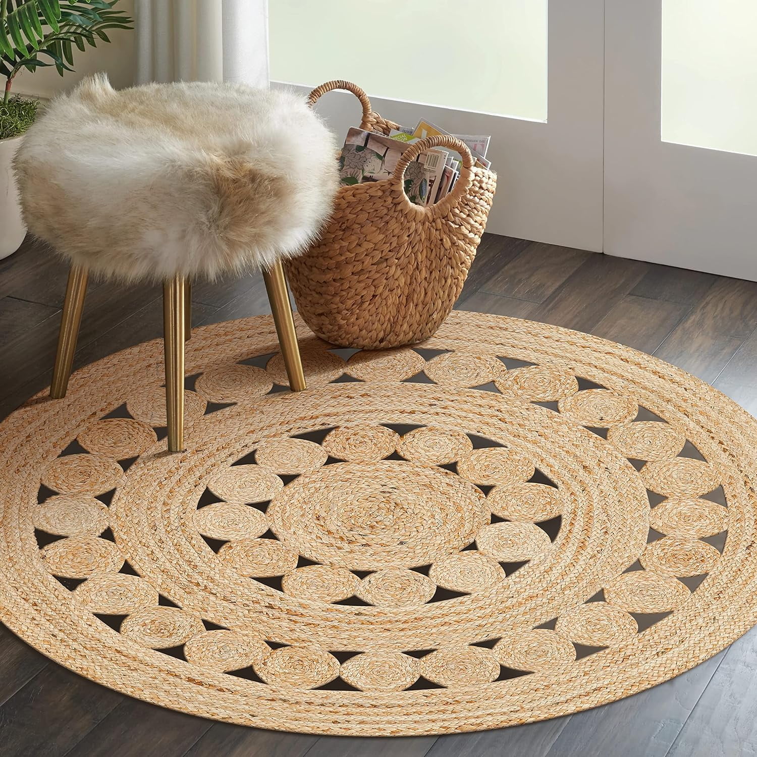Handmade Braided Natural Pure Jute Tikki Round Rugs Size 5 x 5 Feet Round