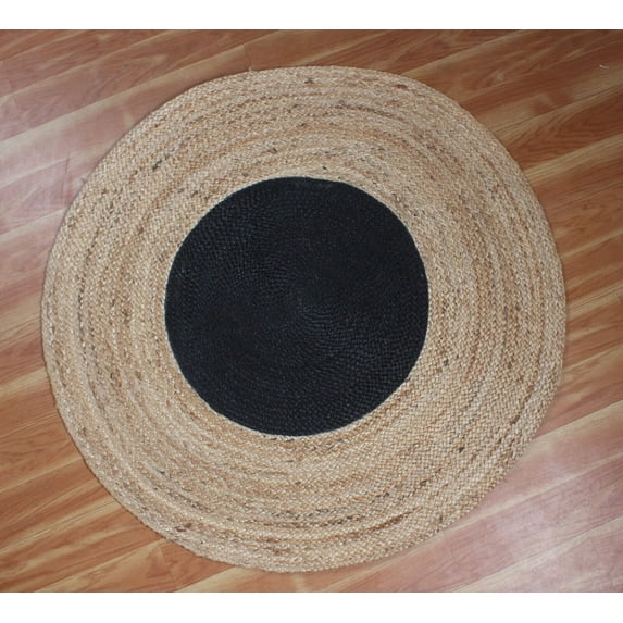 Handmade Braided Natural Pure Jute with Black Color Design Round Rugs Size 2 x 2 Feet ( 60 x 60 cm )