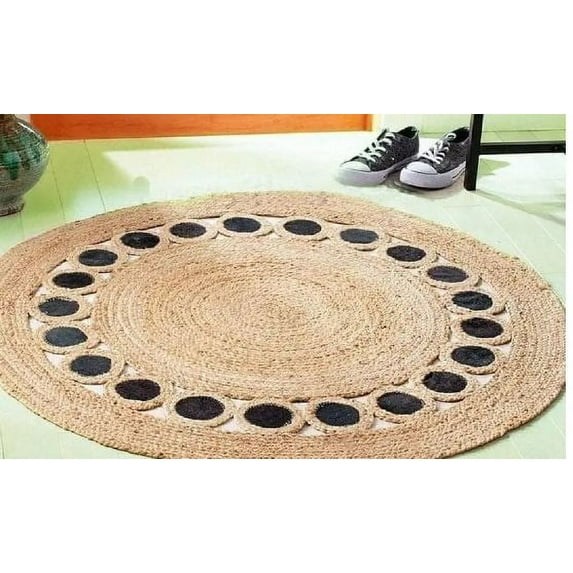 Handmade Braided Natural Pure Jute with Black Color Design Round Rugs Size 9 x 9 Feet ( 270 x 270 cm )