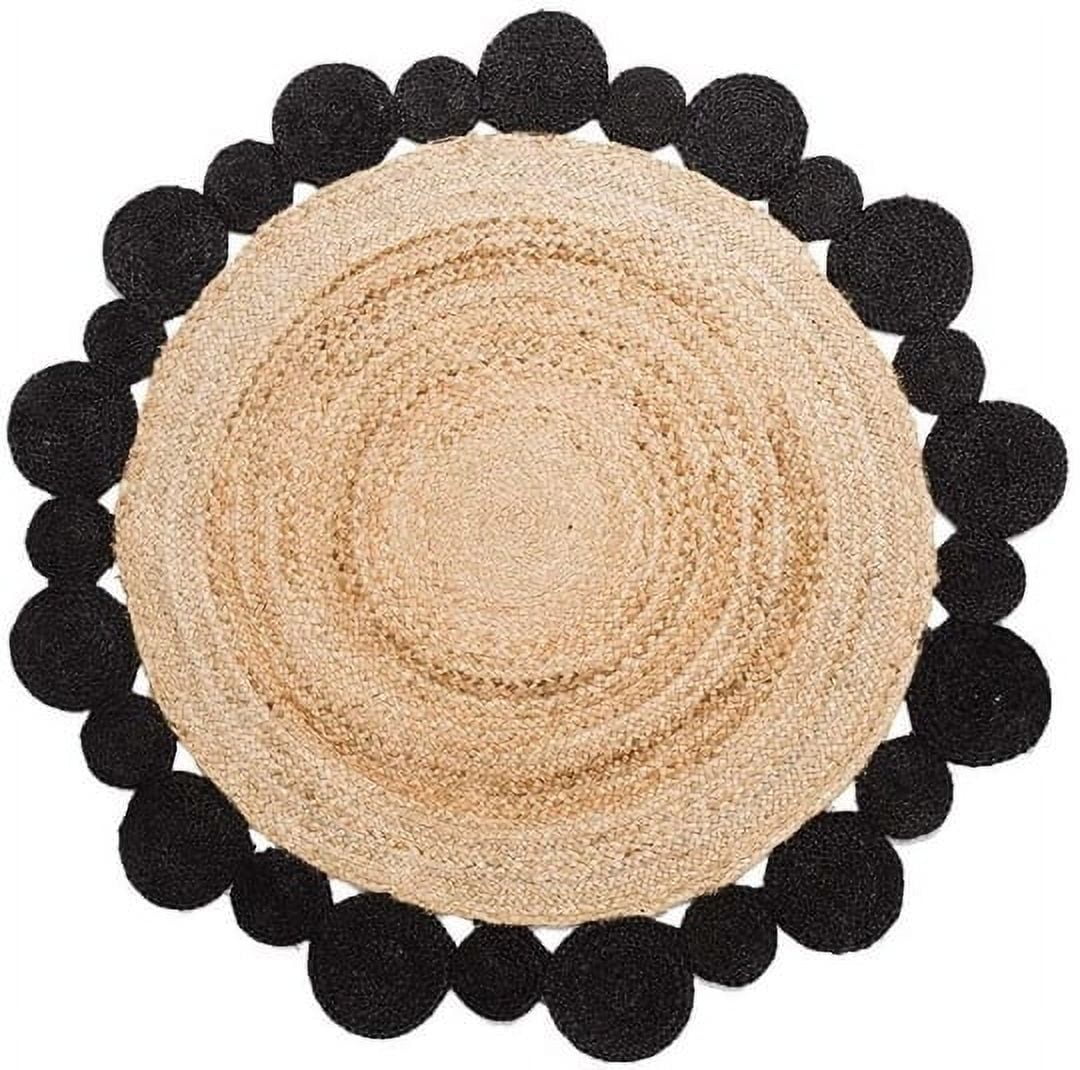 Handmade Braided Natural Pure Jute with Black Tikki Round Rugs Size 3 x 3 Feet Round