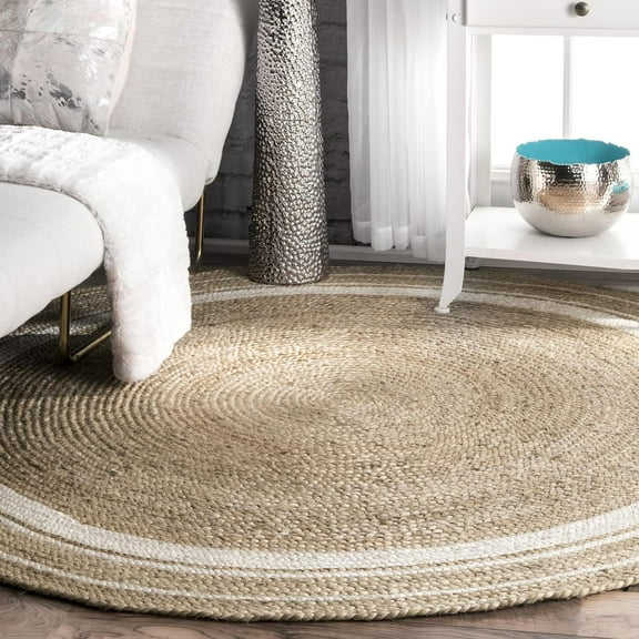 Handmade Braided Natural Pure Jute with white Border Round Rugs Size 4 x 4 Feet ( 120 x 120 cm)