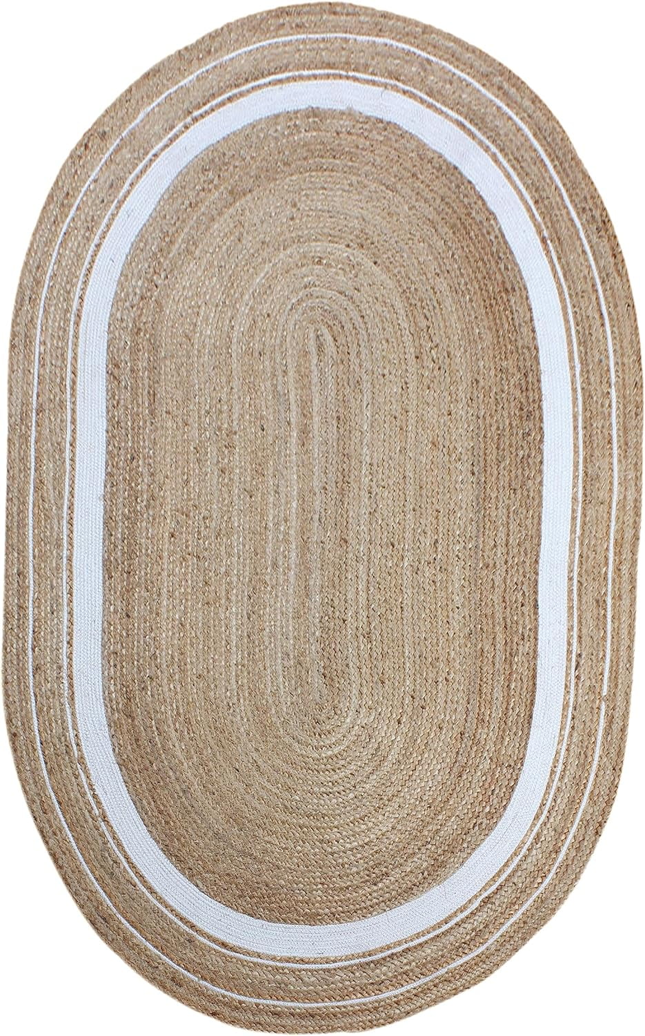 Handmade Braided Natural Pure Jute with white Cotton Oval Shape Area Rugs ,Home Décor Rugs Size 2 x 4 Feet ( 60 cm x 120 cm )