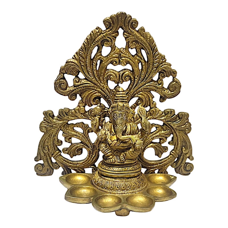 Handmade Brass Crafted Ganesh Ji 6 Wick Oil Lamp Temple Pooja Decorative Antique Diya Diwali-6.5 Inch