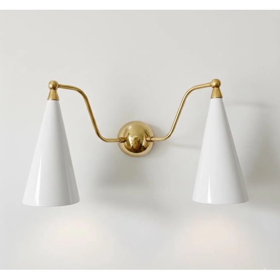 Handmade Brass Double Arm Wall Sconce Matte White Metal Cone Shade